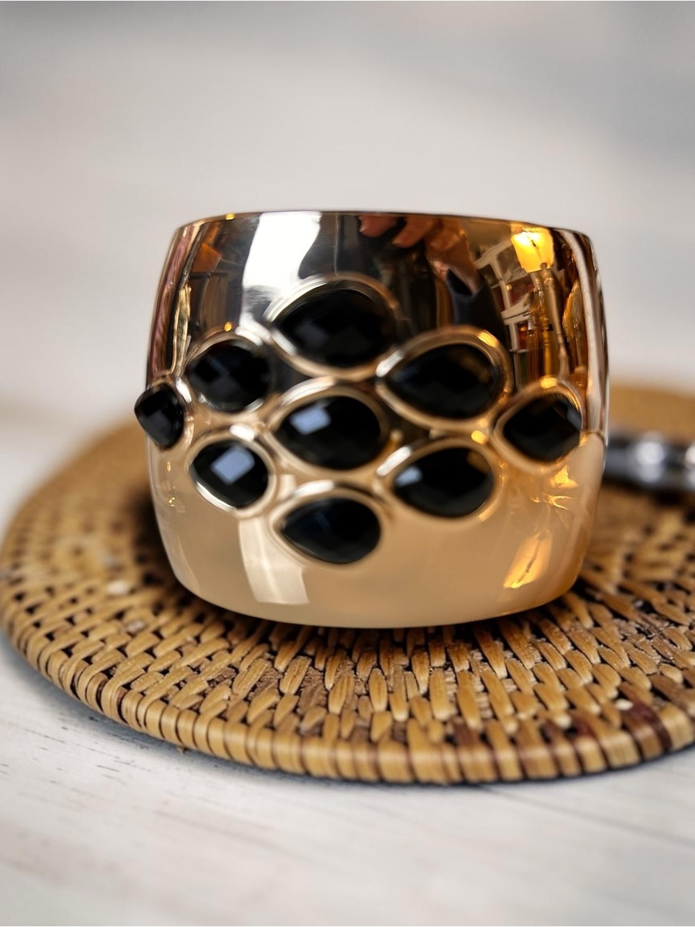 Vintage Chunky Gold Tone & Black Cabochon Statement Cuff Bracelet -  Glam